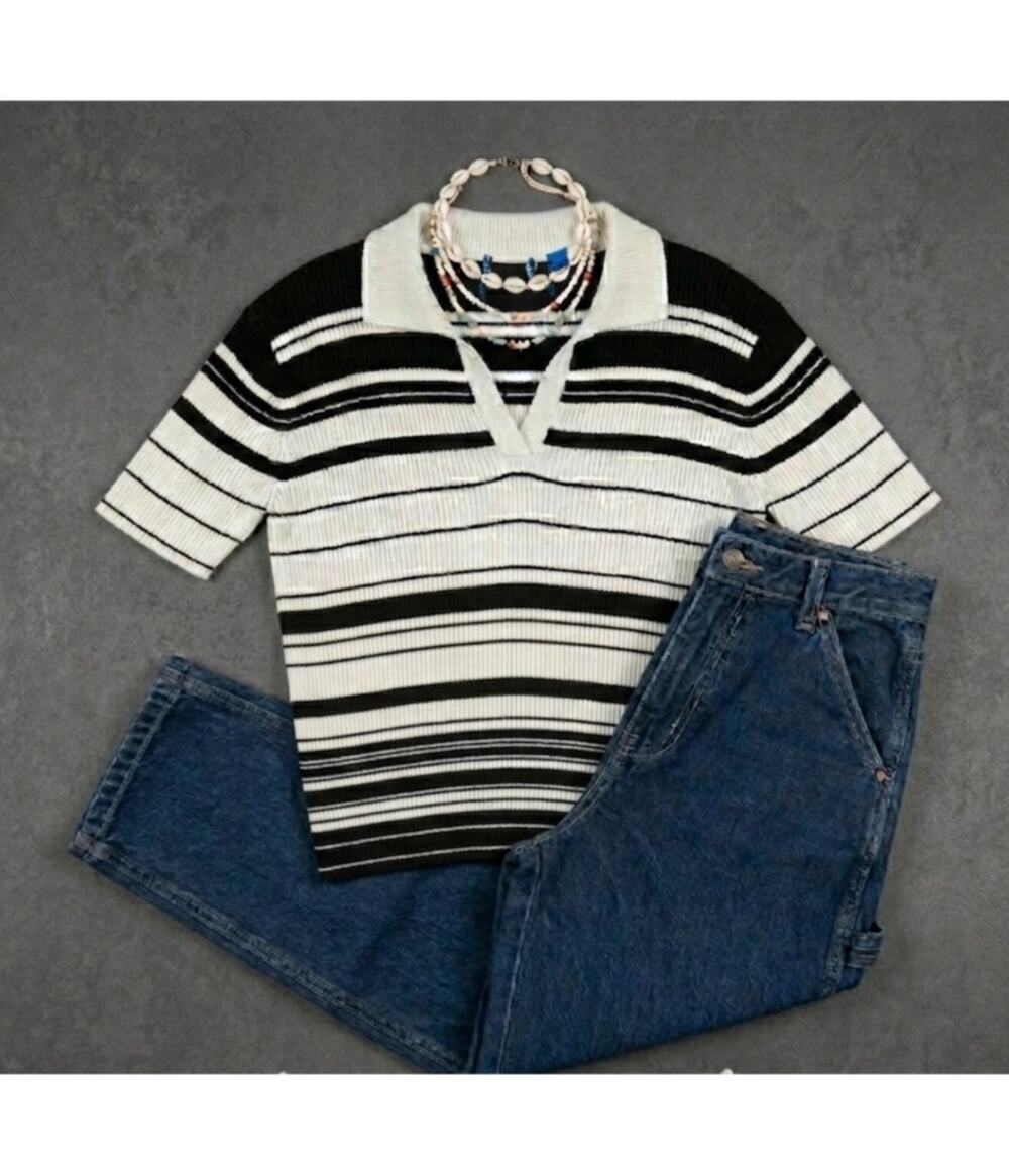 Vintage 90s Womens L Striped Sweater Polo Black White Ribbed Knit Preppy Coastal